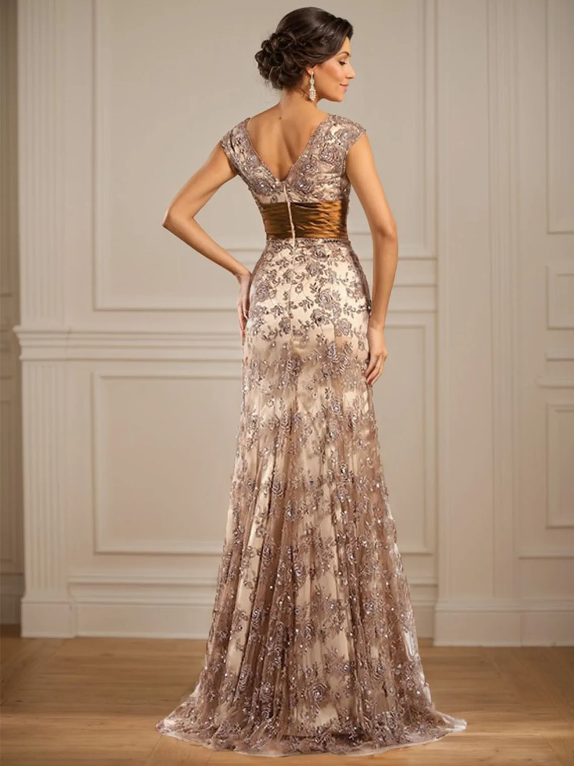 エレガントなAラインフォーマルイブニングドレスノースリーブVネックレースアップリケスパンコールスイープトレインウェディングゲストドレス2025無料カスタマイズ