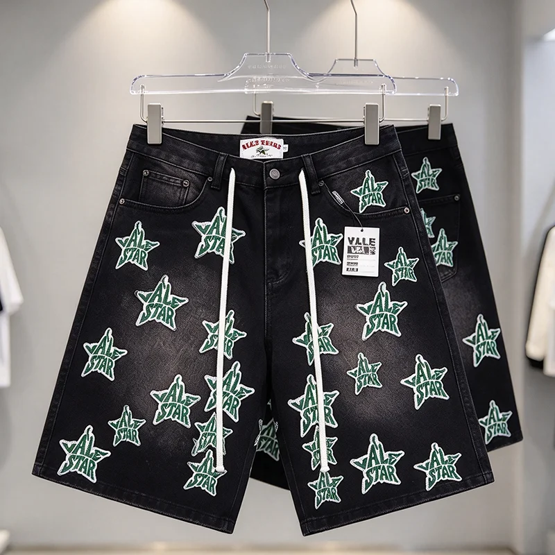 Vale Star Patch Denim Shorts Men Vintage Black Washed Drawstring Jean Shorts