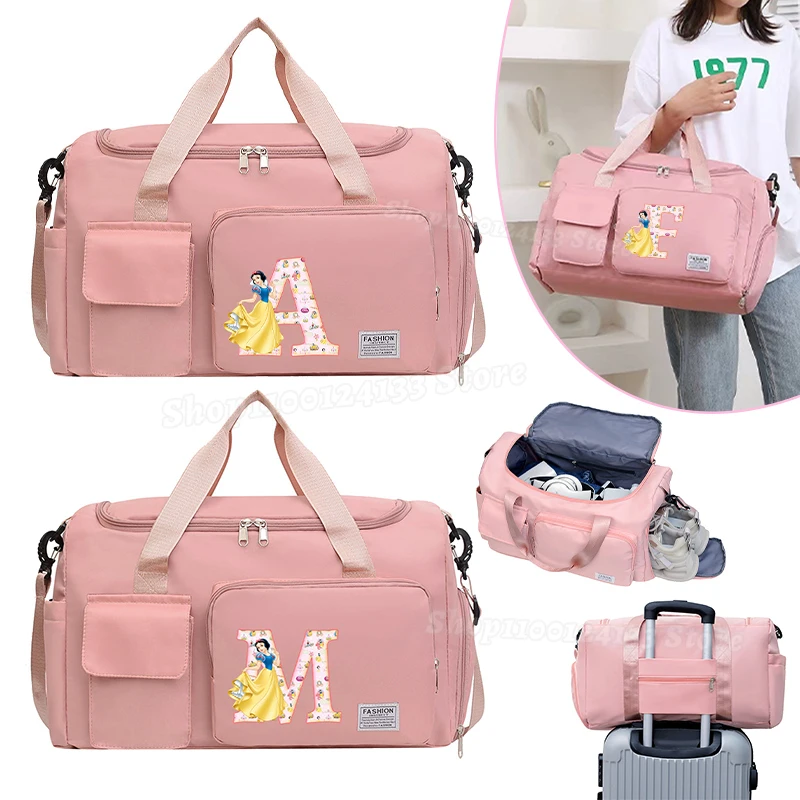 Snow White Carry Luggage Travel Bag Letter A-Z Disney Movie Print Gym Duffle Pack Large Capacity Hand Case with Shoe Compartment