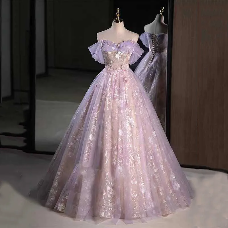 

Purple Off Shoulder Evening Dress Women Appliques Sequin A-line Temperament Cocktail Dresses Exquisite Elegant Prom Gown