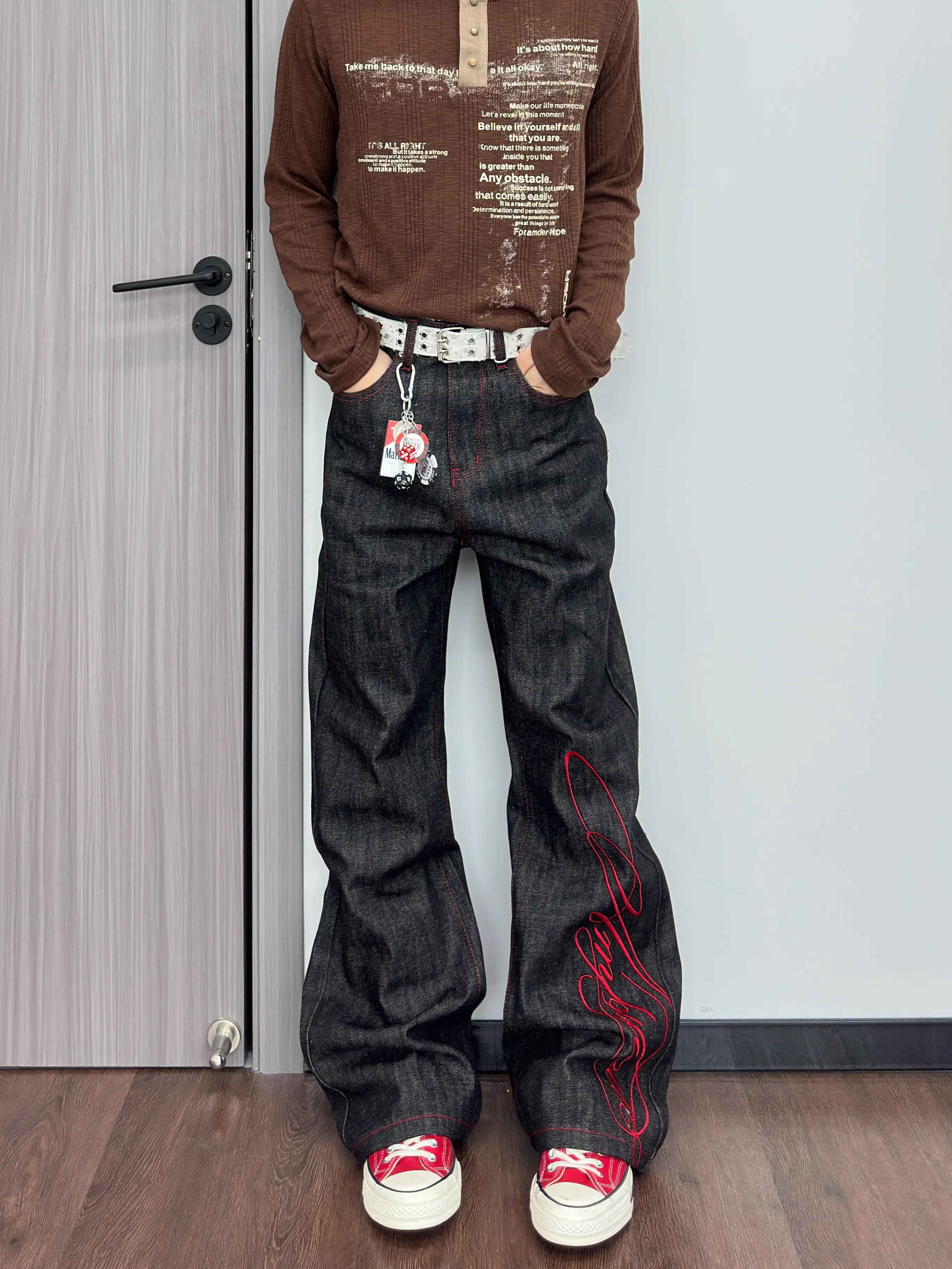 Loose Straight Leg Jeans Men's mid Waist Zipper Fly Comfortable Fit Classic Blue Denim Pants Straight Stitching Long Trousers
