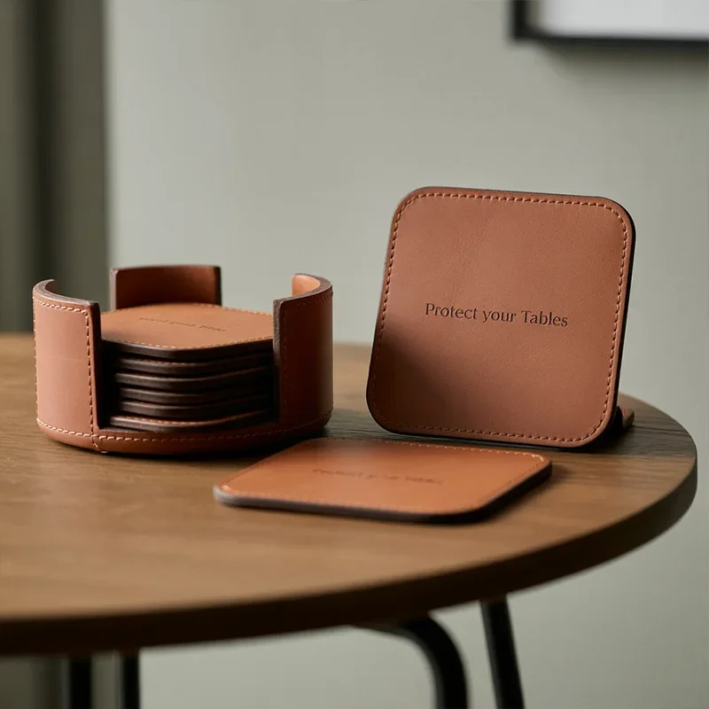 HeMu Waterproof PU Leather Cup Coasters with Organizer Caddy, Anti-slip Heat Proof Square Mats for Home Kitchen Dining Table