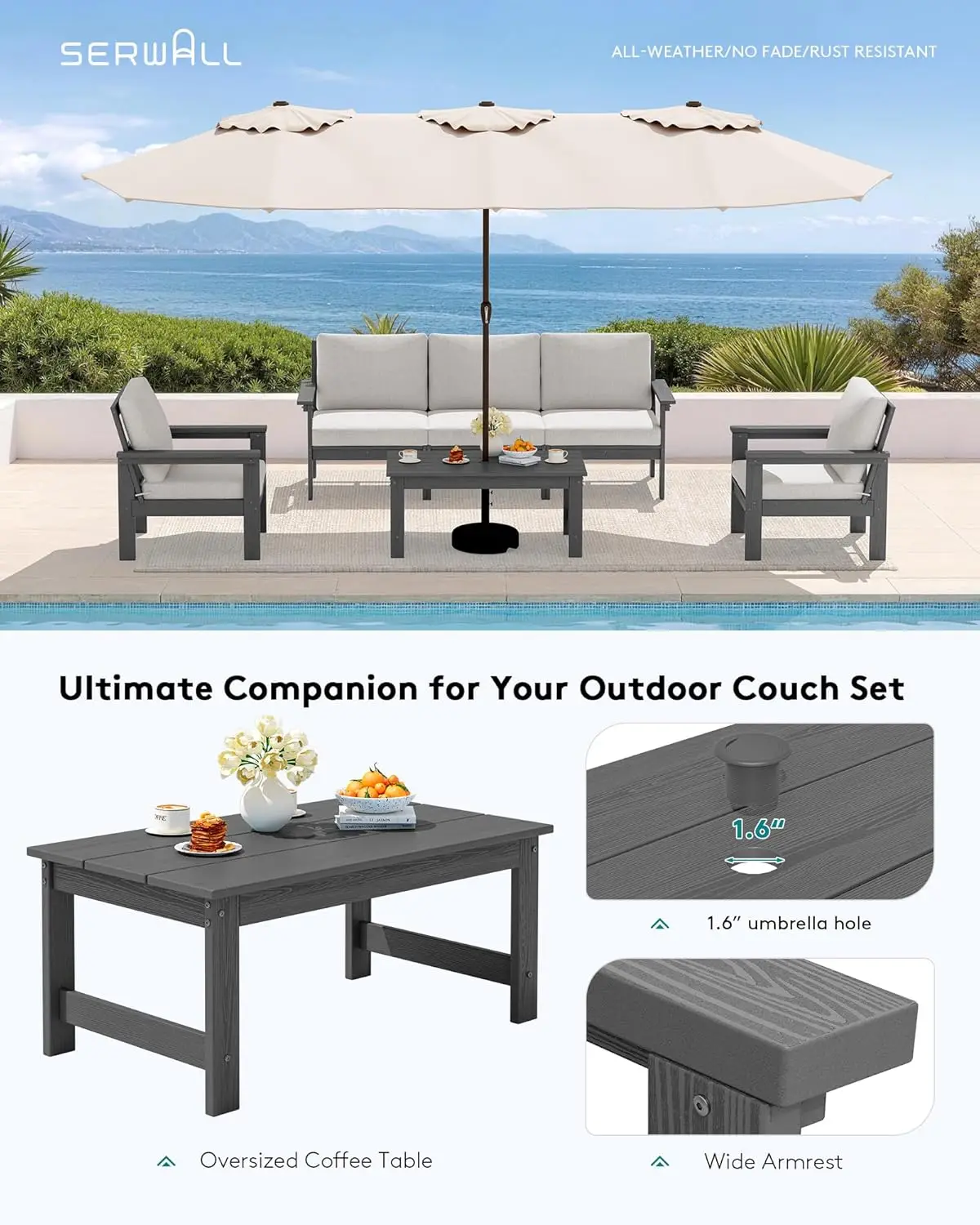 6 Piece All Weather Outdoor Patio Sectional Sofa Set Grey Frame Khaki Cushion   Furniture for Deck Lawn Backyard