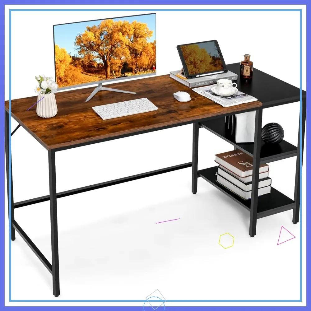 

55-Inch Large Home Office Desk with 2-Tier Storage Shelves, Heavy-Duty Steel Frame, Rustic Brown for Study and Work