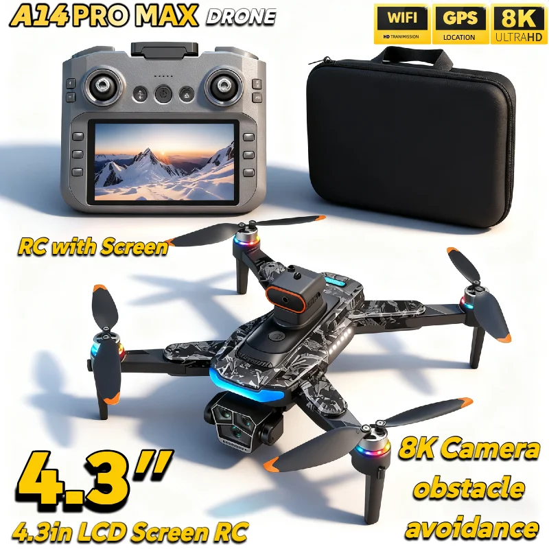 ل Xiaomi A14 برو ماكس 4.3in شاشة LCD RC فرش 8K ثلاثة كاميرا تدفق بصري تجنب عقبة المسافة لتحديد المواقع لعبة طائرة بدون طيار هدية