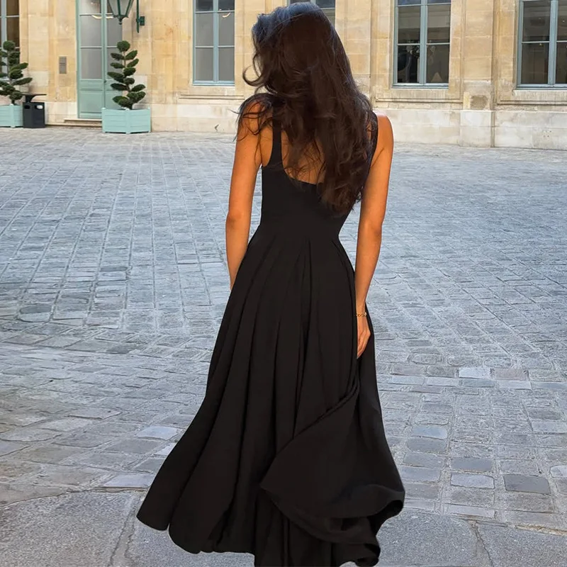 Verão feminino pescoço quadrado sem mangas preto plissado maxi vestido a linha elegante sexy bodycon grande balanço festa de férias roupas de verão