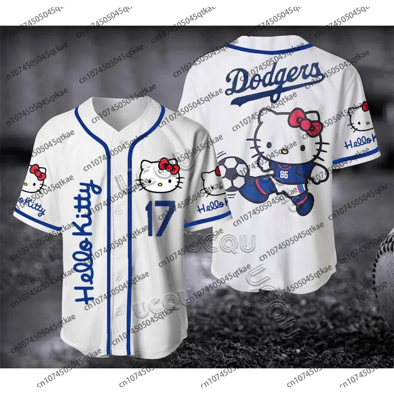 Hello Kitty Special Edition Baseball Jersey Shirt Dodgers 17 Button Football Jersey Breathable Oversized Sport Top Adult/kids