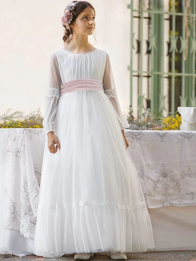 

Customized Flower Girl Dress White Tulle Lace With Pink Bow Belt Long Sleeve For Wedding Birthday Party Banquet Princess Gown