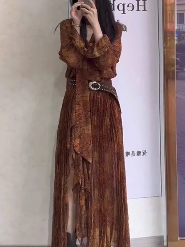 

Осенняя юбка с принтом, высокая талия, А-силуэт, миди, цвет карамель, французский стиль, повседневная мода для молодых женщин