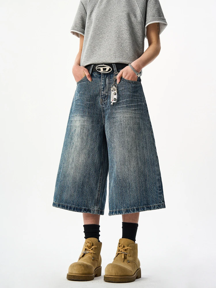 

Woostop американские ретро бамбуковые узор джинсовые брюки на семь футов для мужчин и женщин летние прямые брюки CleanFit orts