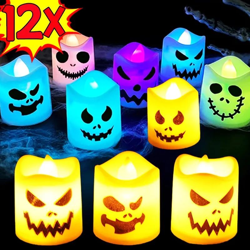 

6/12pcs Halloween LED Candle Lights Horror Pumpkin Props Electronic Candles Halloween Party Home Bar Decoration Multicolor Lamps