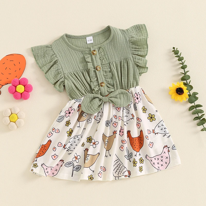 

Suefunskry Kids Girls A-line Dress, Fly Sleeve Crew Neck Bow Chicken Print Casual Dress Summer Dress