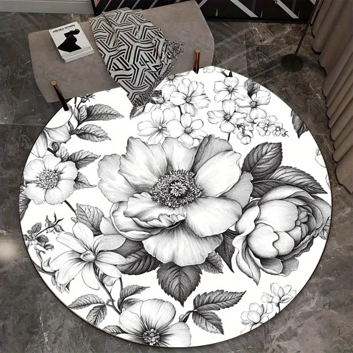 

1pc Elegant grey floral round rug in crystal velvet fabric, suitable for living room, bedroom, hallway decoration