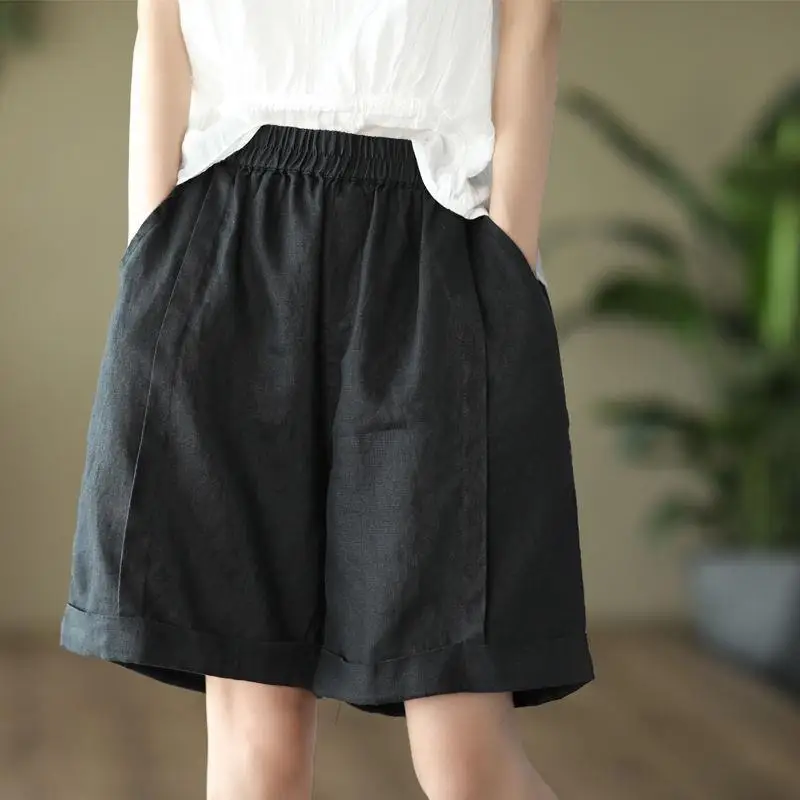 コットンリネンワイドレッグパンツ女性夏ルーズストレートカジュアル無地ミッドレングスショートパンツズボンハイウエストポケットデザイン