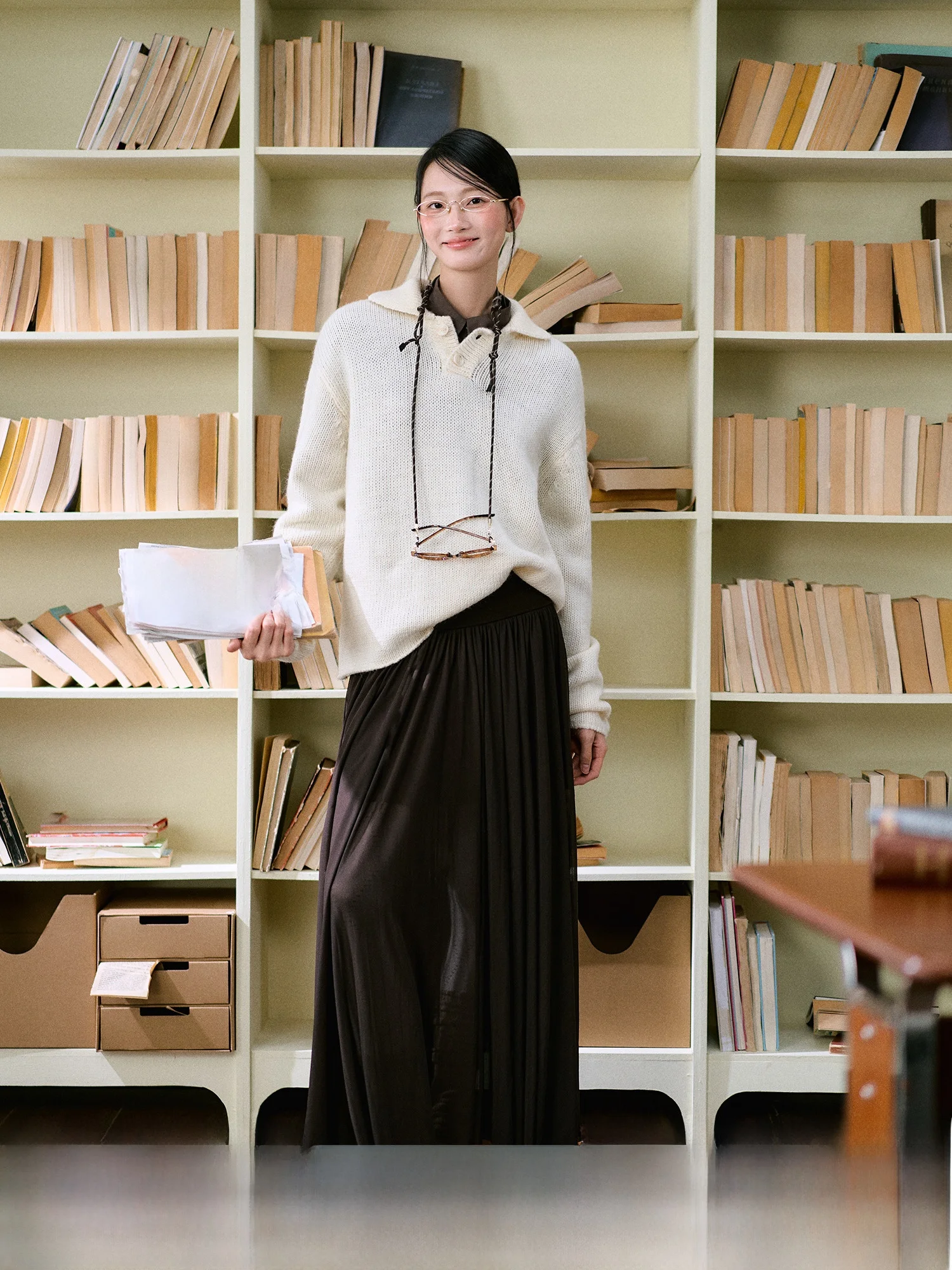 

LaluneDuCiel Vintage Preppy Sle Knitted Wool Ne Loose Casual Turn-down Collar Sweater Comfortable Winter Knitwear