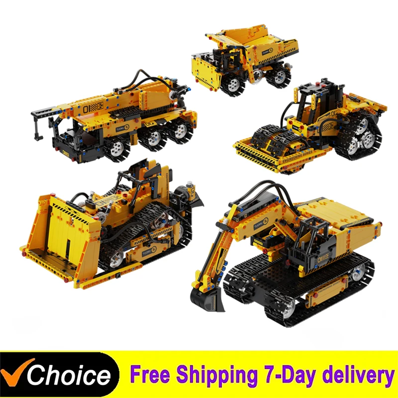 Technical 5 IN 1 City Engineering Car Excavator Bulldozer Crane Truck Model Building Blocks Bricks Toys For Children Gift Boys