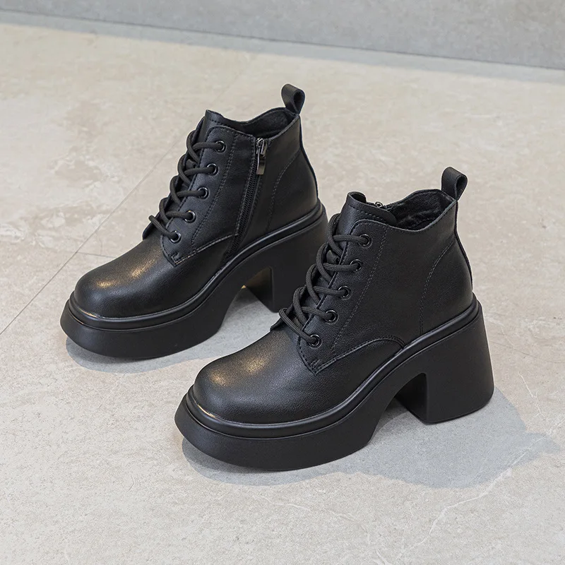 

Thick-soled Women's Boots 2026 Spring/Autumn Round Toe Thick-heeled Height-increasing Fashionable British-style Women's Shoes