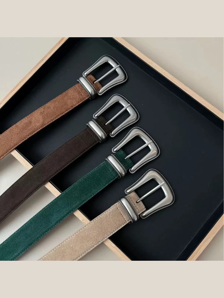 ヴィンテージシルバーバックルベルトグリーンシルクマットレザー最上層牛革レディースベルト合金バックルマッチスカート多用途
