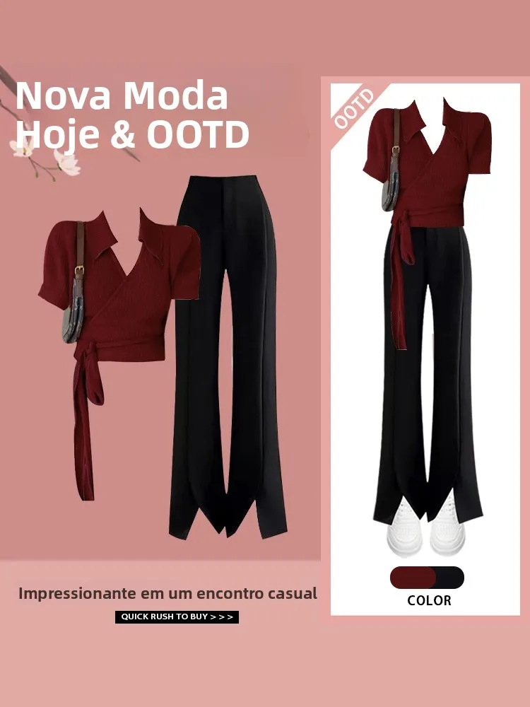 Summer Vintage Hong Kong Style Two-Piece Set Women's Casual Wide Leg Pants And Red T-Shirt Fashionable Slimming Effect