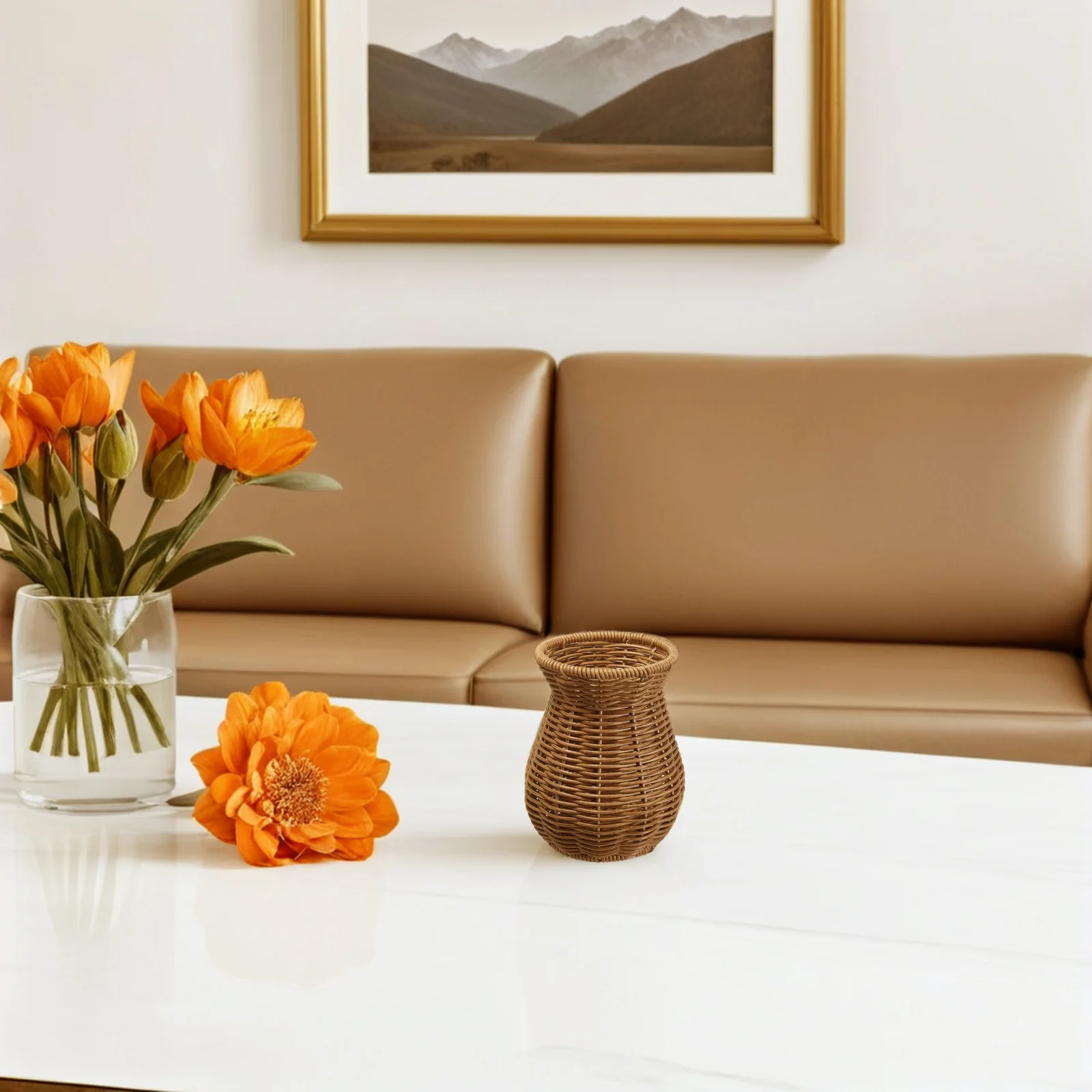 

2pcs Woven Rattan Vase Plastic Flower Holder Vintage Farmhouse Decorative Basket For Indoor Living Room Bedroom Office Use