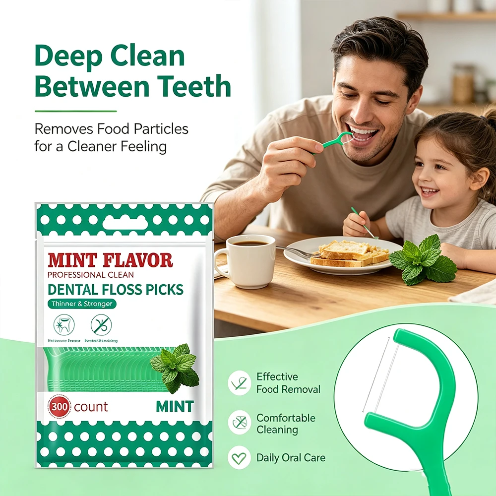 300 Count Mint Flavor Dental Floss Picks, Disposable Strong Unbreakable Floss Sticks, Daily Oral Care Teeth Cleaning Floss Tools