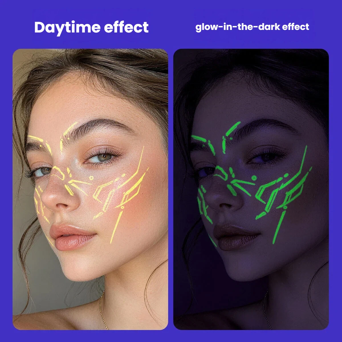 Halloween Glow-in-the-Dark Face Tattoo Stickers Neon Lightning Pattern Full-Face Party Cosplay Temporary Body Art Decals