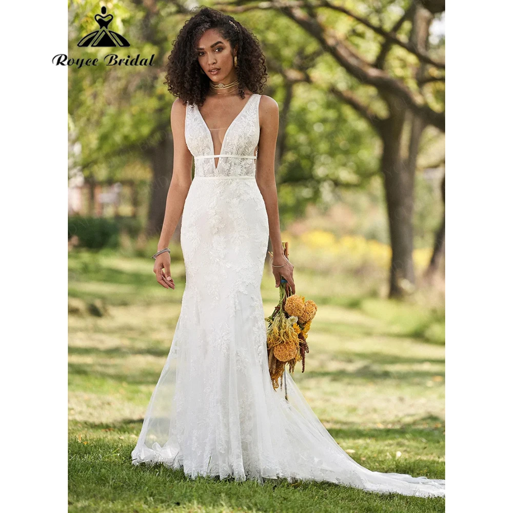 

Roycebridal Свадебное платье русалки с глубоким V-образным вырезом и поясом со шлейфом 2025 Свадебные платья по индивидуальному заказу Vestidos De Novia