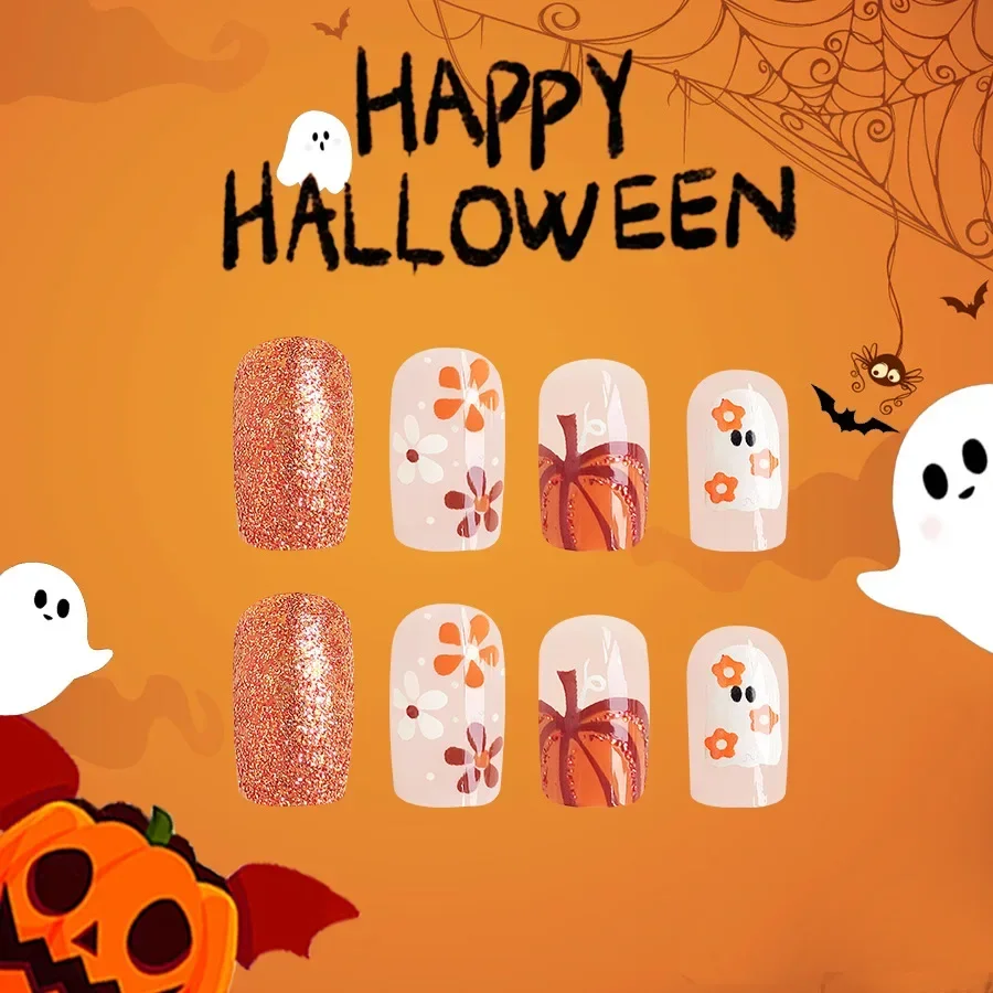 24pcs Halloween Themed Nail Tips-Orange Glossy Square Short Press-On Nails with Cute Pumpkin and Boo Pattern for Women and Girls