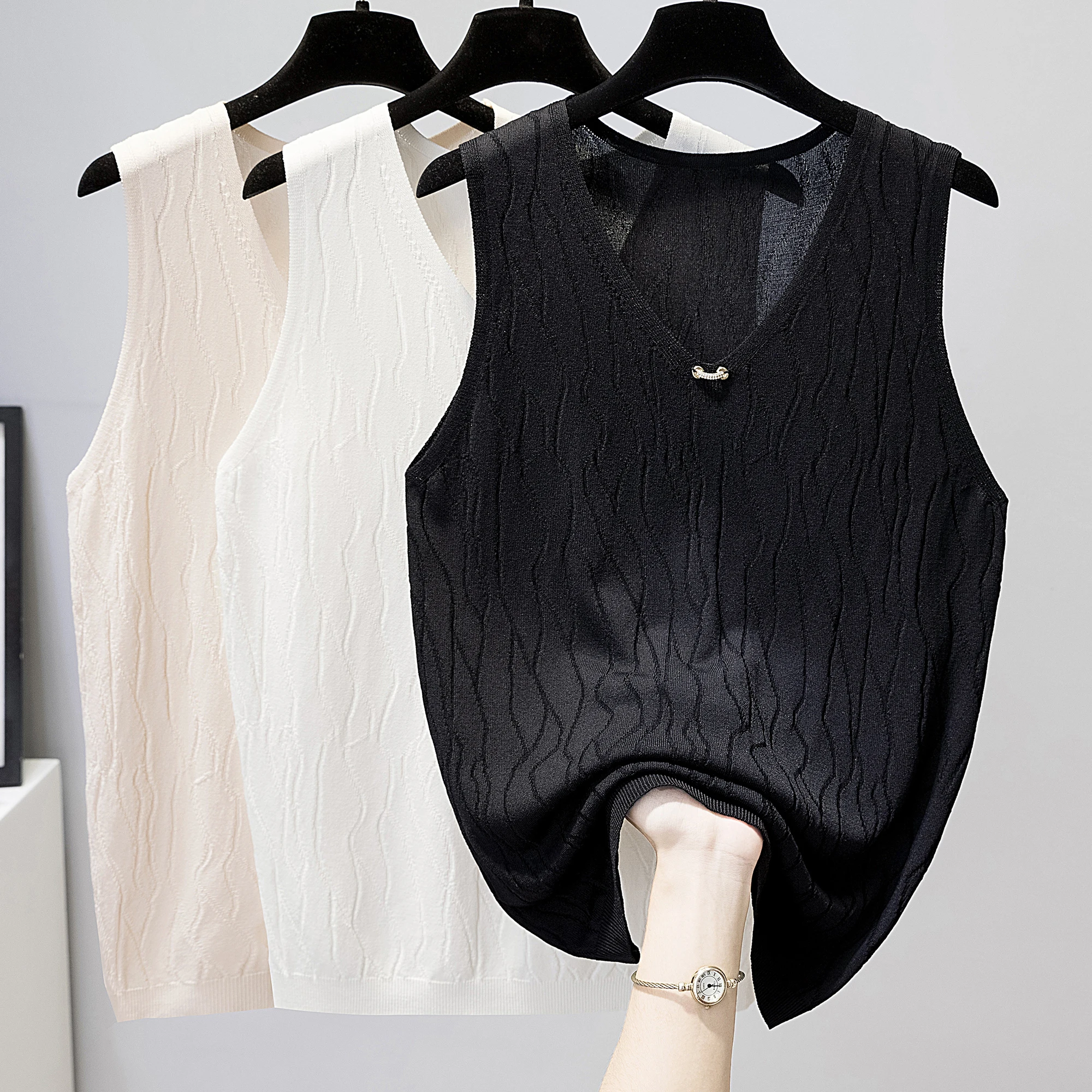 

plus Size Women's V-Neck Knitted Vest Sleeveless T-Shirt Summer Fashion City Walk Cotton Blend Loose Fit Single Piece