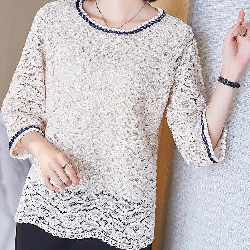 2023 Summer Lady New Round Neck Solid Color Hollow Elbow Sleeve Tops Women Casual Comfortable Refreshing All-match Lace T-shirt