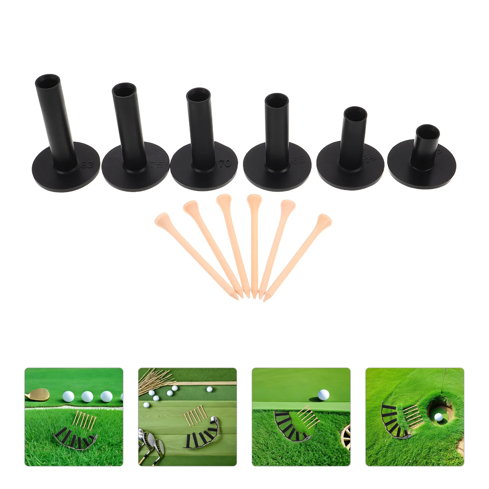 

6pcs Golf Tee Holder Kit Black Rubber Golf Tees For Mat 35/54/65/70/75/83Mm Durable Practice Tees With Wood Nails - Driving