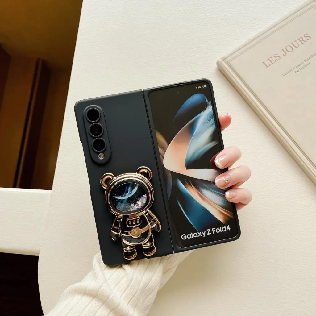 Fashion Cute Quicksand Space Astronaut Bracket Stand Holder Case for Samsung Galaxy Z Fold 6 5 4 3 2 Fold6 5G Matte Phone Cover