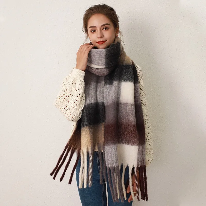Korean Style Womens Plaid Scarf Faux Cashmere Mohair Warm Shawl for Autumn Winter New Wholesale