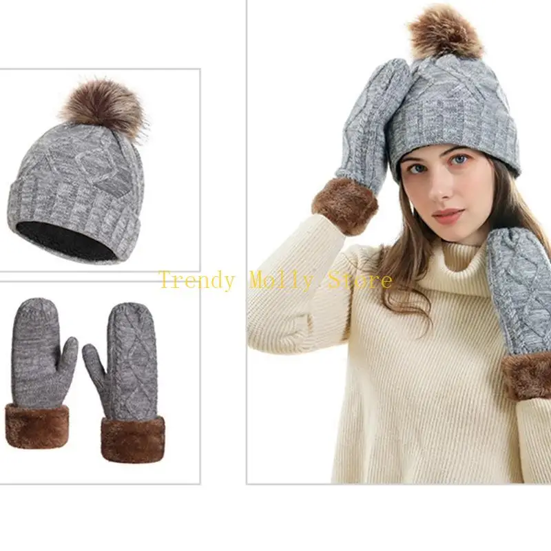 N5KB 2 stuks vrouwen winterkabel gebreide beanie hoed met volle vingerhandschoenen wanten Zet dikke thermische pluche gevoerde