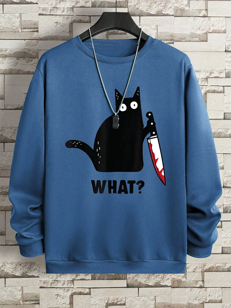 What Black Knife Cat Print Mens Hoodie Hip Hop Loose Clothing Fleece Warm Autumn Sweatshirts Oversized Casual Pullover Hoodies