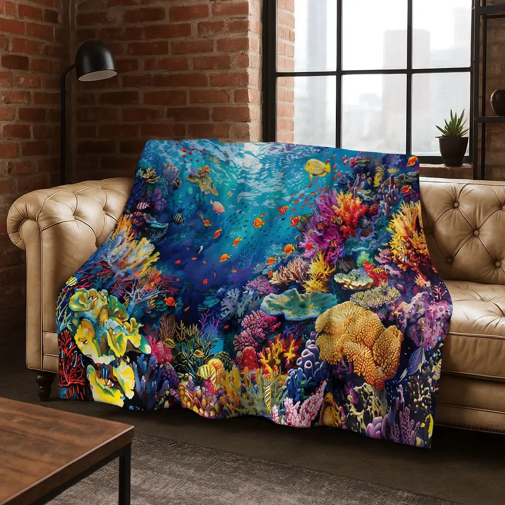 

26 Style Underwater World Sea Dolphin Turtle Coral Art Flannel Blanket,Cozy Soft Throw Blanket for Home Bedroom Bed Sofa Kids