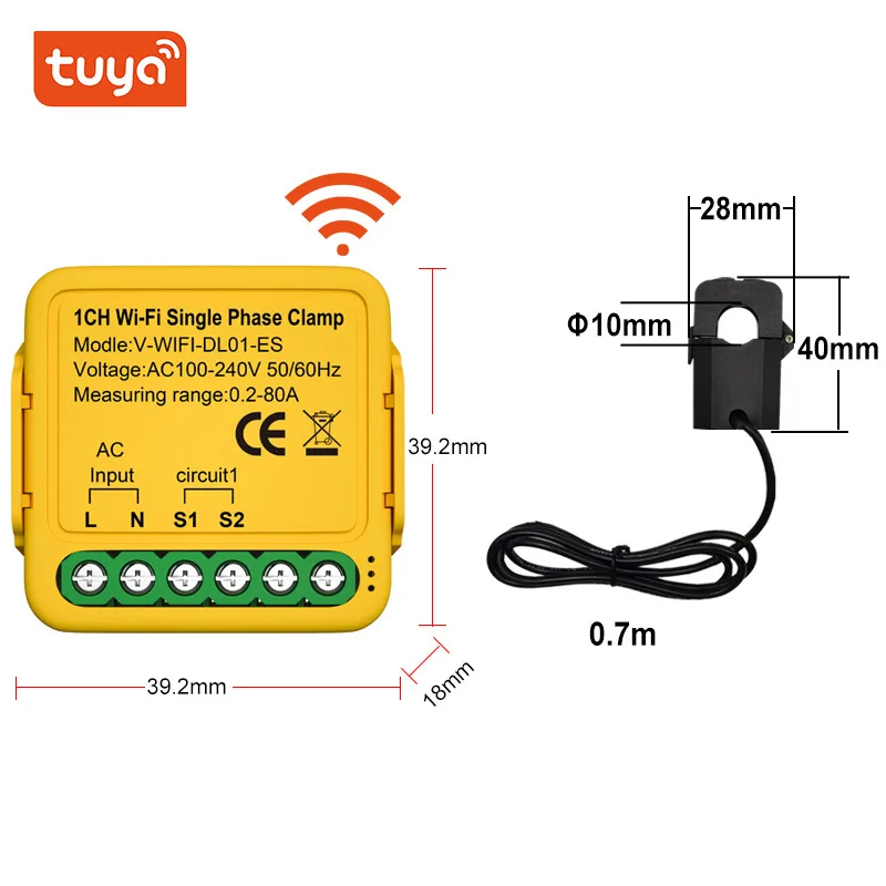 Tuya Smart WiFi Power Meter Current Transformer Sensor Clamp 80A Energy Meter for Electrical Lighting Solar KWH Monitor