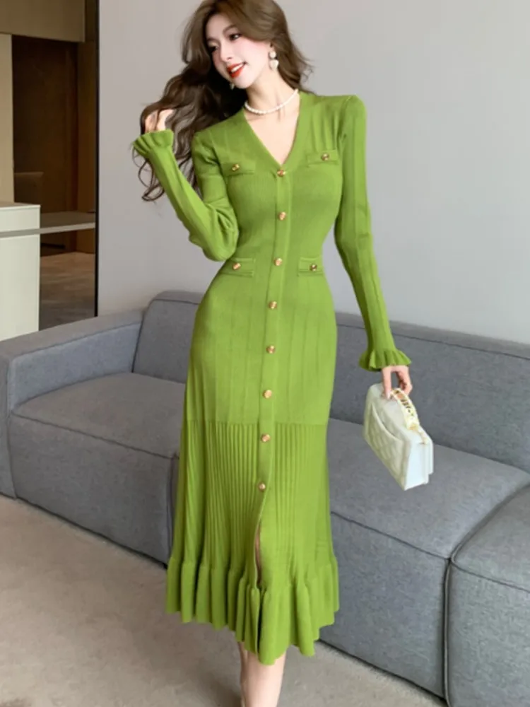 

Autumn Solid Knitted Dresses for Women Single Breasted Chic Flared Sleeve Ruffles Hem Casual 2024 Female Office Elegant Robes