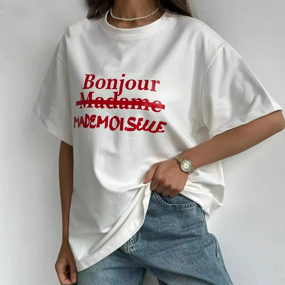 Zekye Simplicity Loose Summer White T Shirt Women Top Korean Style Basic Short Sleeve Round Neck T-shirt Casual Letter Printed