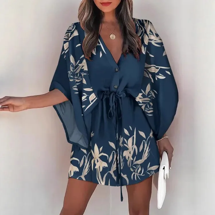 Women's Summer Fashion Flying Sleeves V-Neck Lace Up Printed Beach Dress Elegant Women's Loose Short Sleeve Leaf Mini Dress