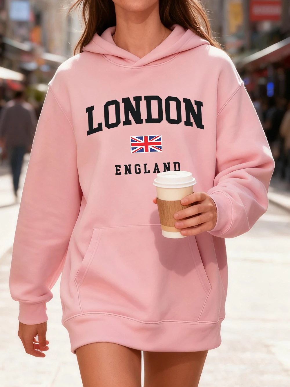 لندن إنجلترا رسالة العلم يطبع القطن هوديي المرأة رياضي فضفاض البلوز الشتاء الصوف الدافئة البلوز الركض جيب الملابس #1