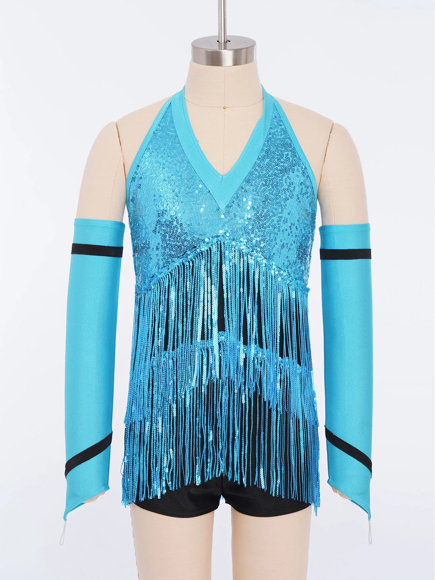 Vestido de leotardo de baile latino con borlas para niñas y niños, mono con flecos de diamantes de imitación + guantes, trajes para actuación de patinaje de Tango ChaCha Salsa