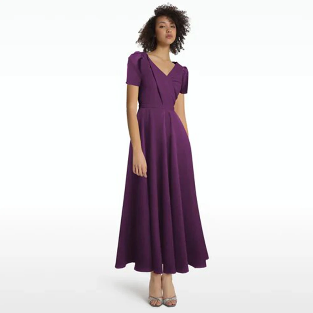 

Purple Jersey Women's Evening Gowns Tiered Ruched Bespoke Occasion Gown A-line V-neck 2024 Midi Dresses