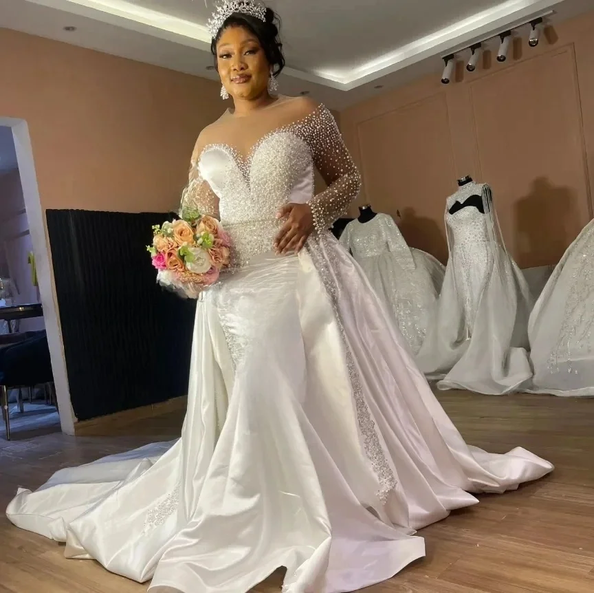 Customized Sheer Neck Sparkly Pearls Beads Wedding Dress with Removable Train  Robe De Mariée Long Sleeves Plus SizeBridal Gown