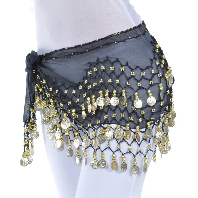 

Lady Women Belly Dance Hip Scarf Accessories 3 Row Belt Skirt with Gold Bellydance Tone Coins Waist Chain Wrap Adult Dance Wear