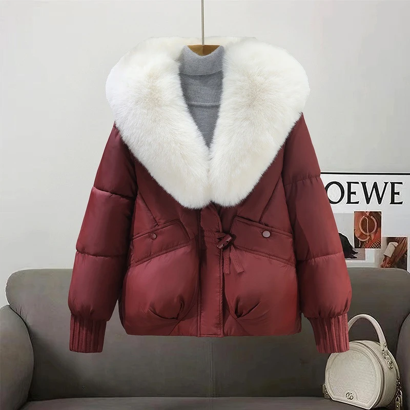 

New Rabbit Hair Big Fur Collar Loose Short Down Jacket Winter Women Parka Coats Long SLeeve Casual Hooded Cotton Jackets 2025