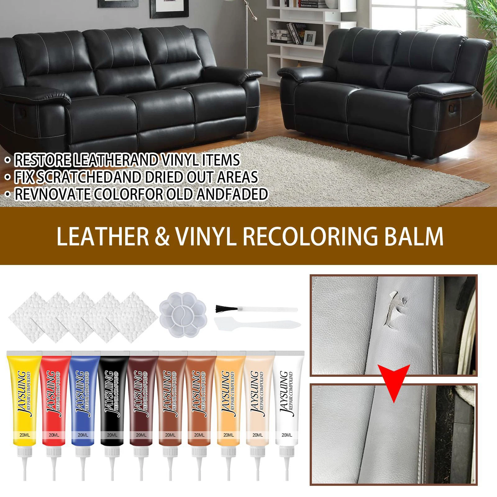 Leather Recoloring Cream Repair Filler Car Seat Paste Sofa Coats Scratch Cracks Restoration for Jacket Couches Purse