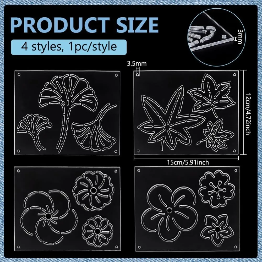 4Pcs Acrylic Sashiko Stencil Rectangle Flower and Leaf Pattern Embroidery Tool Drawing Line Template for Hand Quilting
