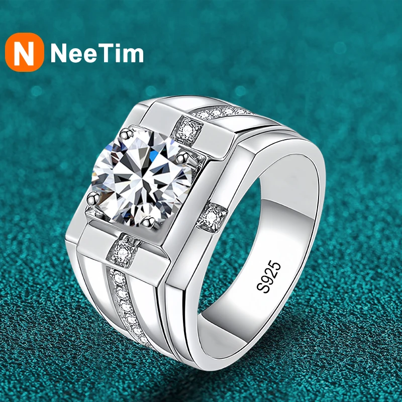 

NeeTim 1ct 6.5mm D VVS1 Moissanite Ring For Men 925 Sterling Silver Engagement Wedding Band Party Man Rings Luxury Jewelry Gifts