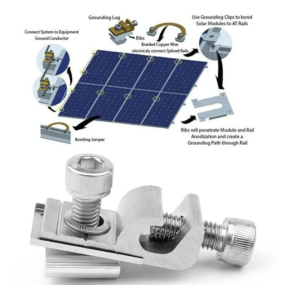 Solar Ground Grounding Clip Solar Mounted Bracket Clamp Photovoltaic Protection Grounding Terminal For Solar Mounting System Hom